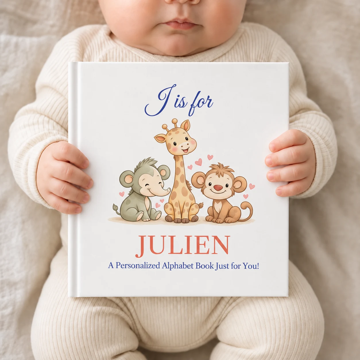 A baby holding the personalized alphabet book with J is for Julien on the cover